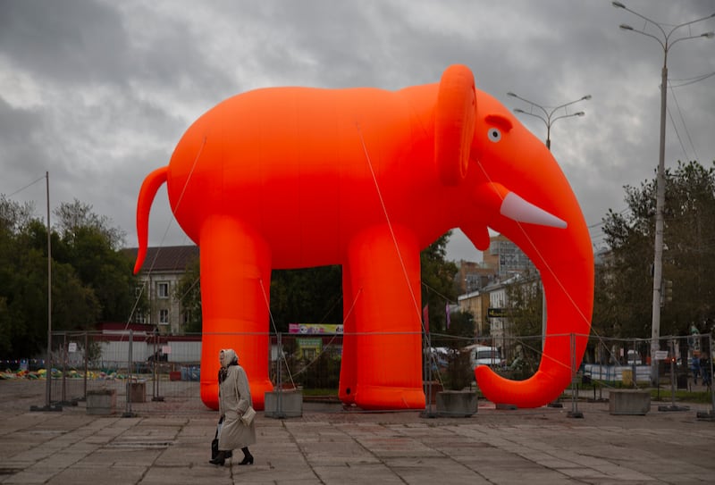 Strange Love: an inflated orange elephant outside a circus building, Perm, Perm Krai, Russia. Photograph: Seamus Murphy