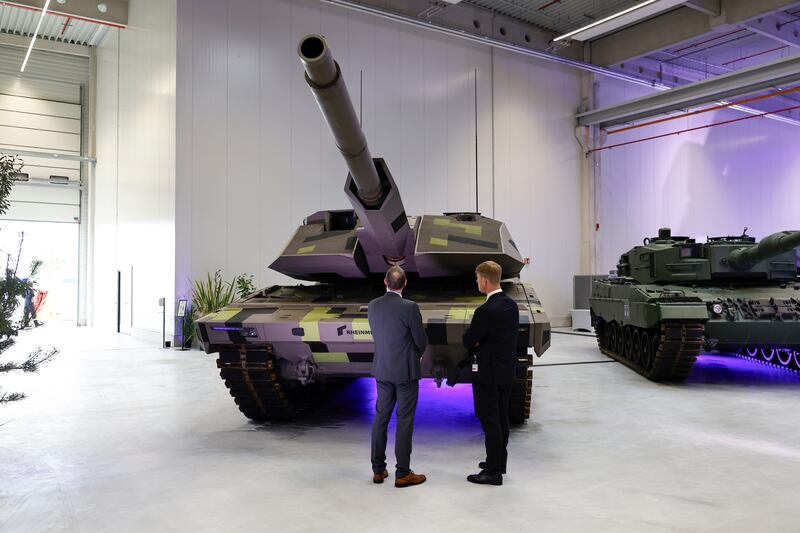 A Panther KF55 main battle tank at the opening of the new Rheinmetall factory in Unterlüß, Germany, on Wednesday. Photograph: Morris MacMatzen/Getty Images