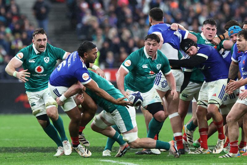 France's hooker Peato Mauvaka attempts an off-load pass during the Six Nations international rugby union match between France and Ireland at the Stade de France in Paris on February 5th. Photograph: Alain Jocard/AFP via Getty
