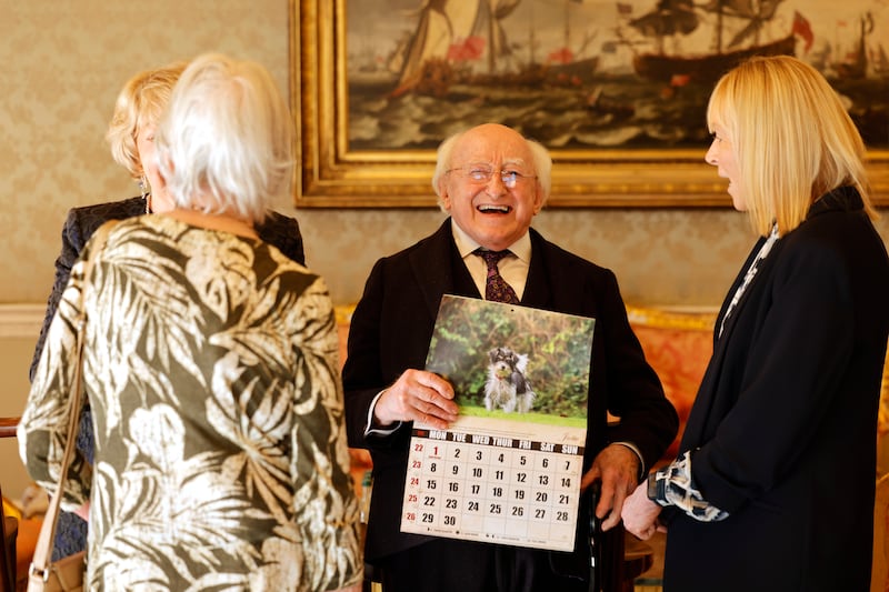 President Michael D Higgins and his wife Sabina greeting guests arriving for the final afternoon tea party of the President's 14 year term of office at Áras an Uachtaráin. Photograph: Alan Betson

