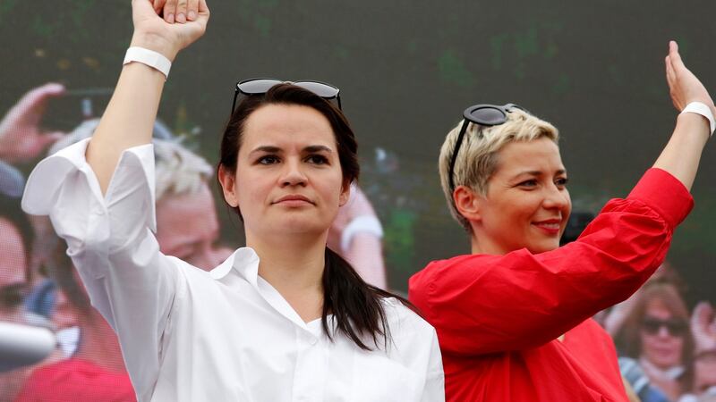 Svetlana Tikhanovskaya  with  Maria Kolesnikova   during a campaign rally in Minsk, Belarus. Photograph: Tatyana Zenkovich/EPA