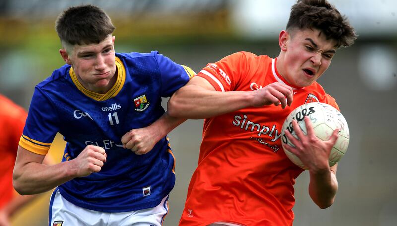 Longford's James Hagan tackles Armagh's Conall Wilson during the All-Ireland minor quarter-final at Kingspan Breffni Park. Photograph: Leah Scholes/Inpho