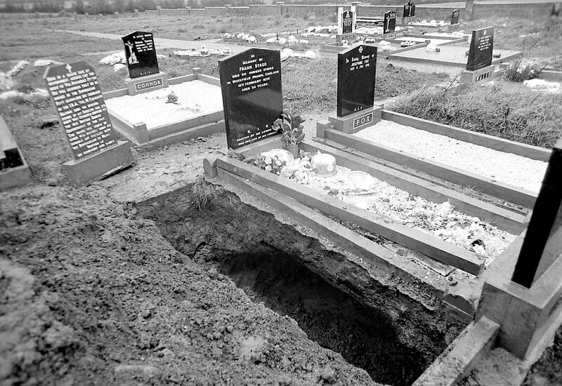 'The empty grave of IRA hunger striker Frank Stagg at Leigue Cemetery in 1976 after his body was dug up and removed to the Republican Plot in the dead of night. Hollymount-born Stagg had been buried outside the Republican Plot at the request of his widow, brother Emmett and the government, but the IRA were determined to have him laid to rest beside his colleague Michael Gaughan and eventually achieved their goal.' Photograph: Henry Wills