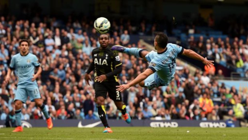 Sergio Agüero of Manchester City misses with the rebound from his team’ssecond penalty attempt against Tottenham Hotspur at Etihad Stadium. Photograph: Michael Regan/Getty Images