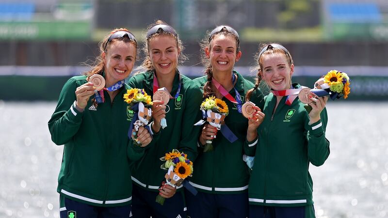 Aifric Keogh, Eimear Lambe, Fiona Murtagh and Emily Hegarty of Team Ireland pose with their bronze medals in the Women’s Four Final A at the Tokyo 2020 Olympic Games  on July 28th. Photograph: Naomi Baker/Getty Images