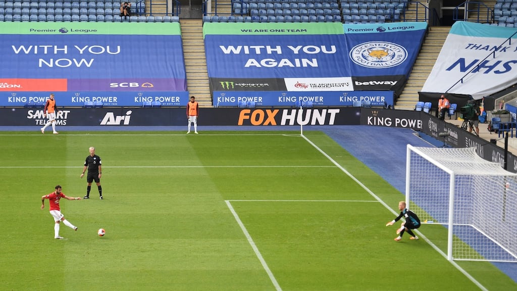 Bruno Fernandes scores a penalty for Manchester United at The King Power Stadium. Photograph: Getty Images
