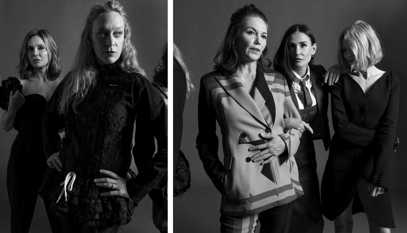 (L-R): Calista Flockhart, Chloë Sevigny, Diane Lane, Demi Moore, and Naomi Watts, who star in Feud: Capote vs. the Swans. Photograph: Thea Traff/The New York Times
                      