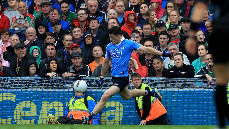 Diarmuid Connolly misses with a late free during the 2016 final against Mayo. Photo: Donall Farmer/Inpho