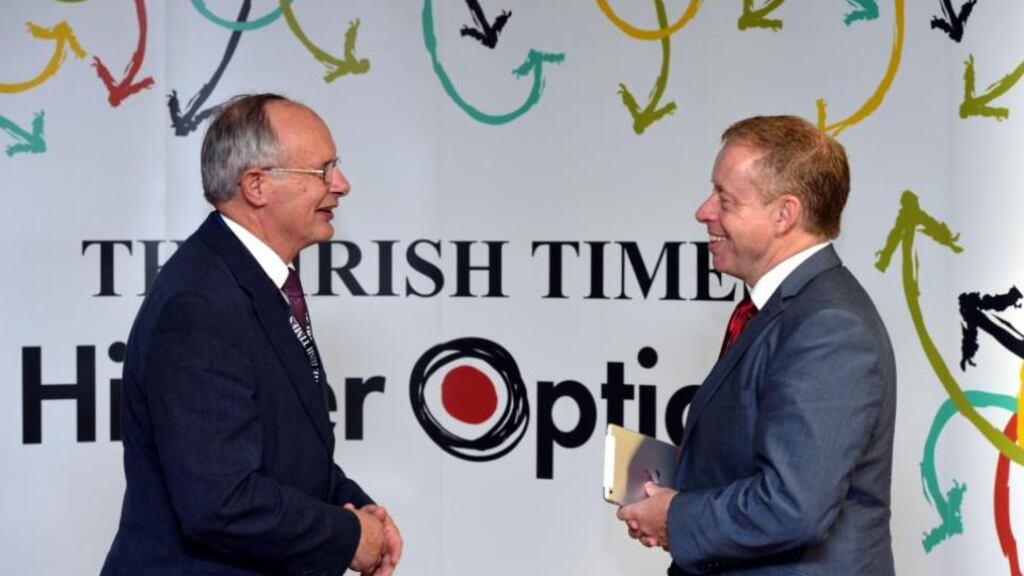 Gerry Flynn resident of the Institute of Guidance Counsellors with Minister Ciaran Cannon, Minister of State for Training and Skills at the Dept. of Eduction and Skills at the launch of the Irish Times Higher Options event which takes place in the RDS Simmonscourt tomorrow, Thursday and Friday. Photograph: Alan Betson / THE IRISH TIMES