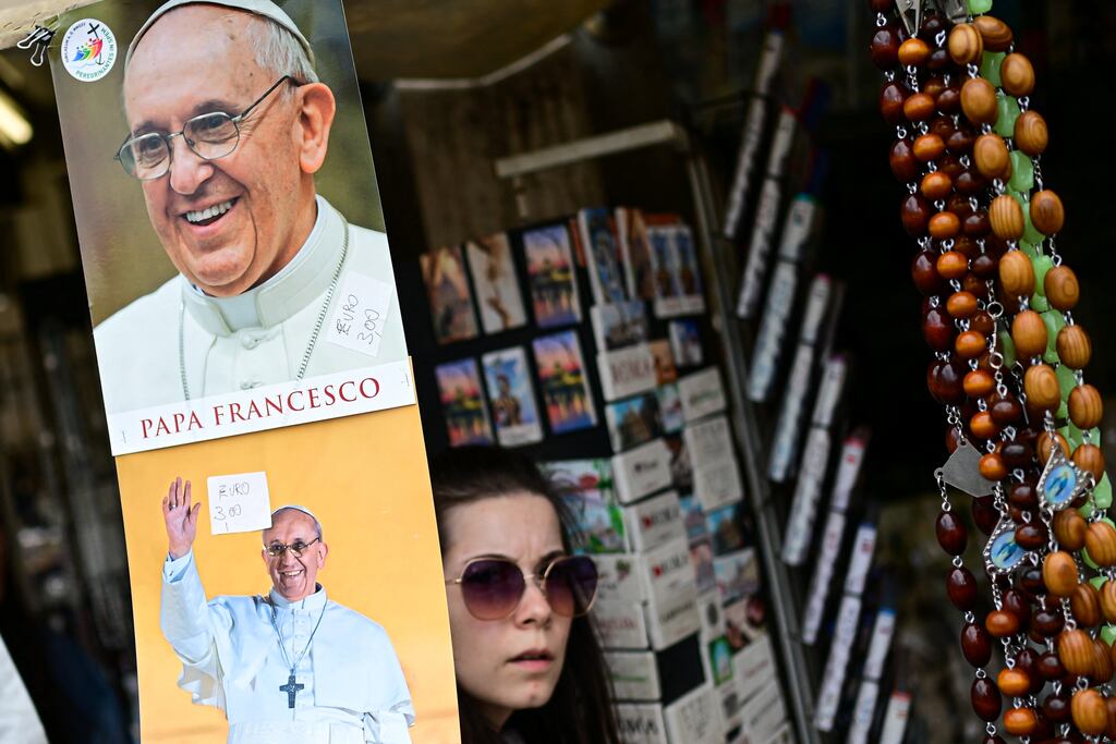 Calendars bearing portraits of late Pope Francis at a shop near the Vatican on Thursday. Photograph: Piero Cruciatti/AFP via Getty Images