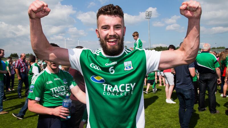 Fermanagh’s James McMahon celebrates victory over Monaghan at Healy Park.  Photograph: Tommy Dickson/Inpho