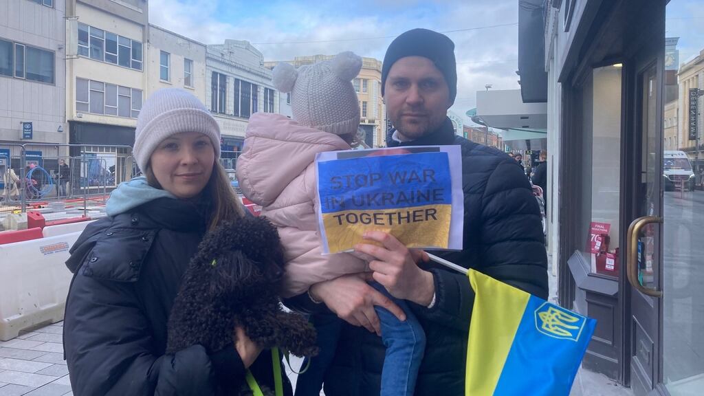 Ukraine couple Alisa and Andrej Mitigan and their daughter Mia (2), in Limerick City. Photo: David Raleigh