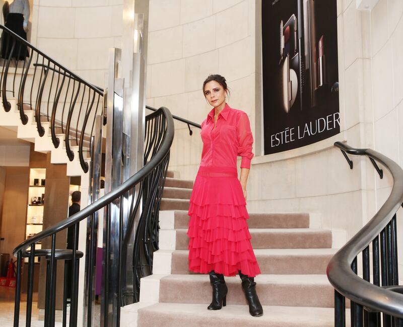 Victoria Beckham celebrates the launch of her second collection with Esteé Lauder at Brown Thomas in 2017. Photograph: Leon Farrell/Photocall Ireland
