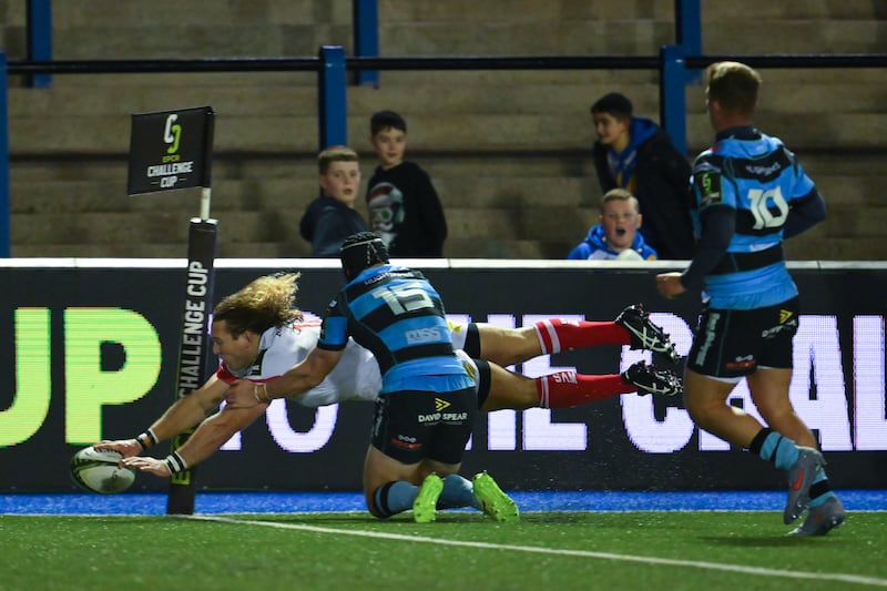 Werner Kok of Ulster scores a try during the Challenge Cup match at Cardiff Arms Park. Photograph: Simon Galloway/Getty Images