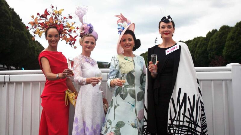 (From left) Most colourful outfit winner Linda Malone, Great Lengths most creative hat winner Linda Morrison,     Longines Elegance is an Attitude winner Sarah Cass, and best dressed winner Laura Jayne Halton at Ladies’ Day at the  Dublin Horse Show. Photograph: Gareth Chaney/Collins