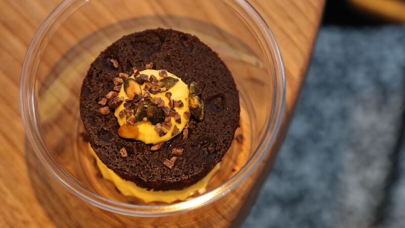 Dessert is ready to serve – chocolate cake with spiced pumpkin cream. Photograph: Nick Bradshaw