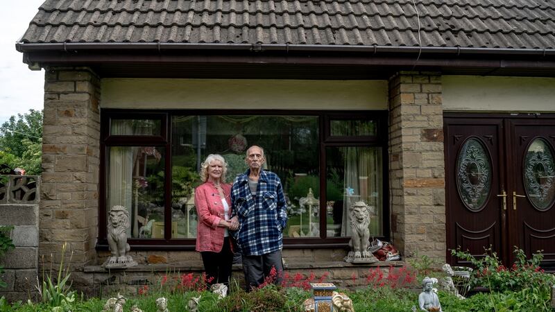 Shahid, Prince Cyrus’s older brother, and his wife, Camellia, outside their home in Bradford, England, in May 2019. Photograph: Andrew Testa/The New York Times