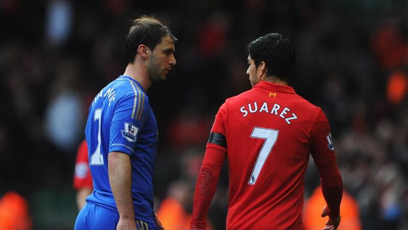 Suarez  also clashed with Branislav Ivanovic of Chelsea during a Premier League match in April  2013. Photo by Michael Regan/Getty Images