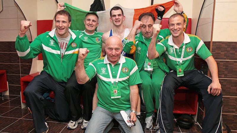 Performance psychologist Gerry Hussey with boxing coach Billy Walsh, team manager Des Donnelly, Irish boxer Adam Nolan, coach Zaur Anita and team physio Conor McCarthy, at the 2012 London Olympic Games. Photograph: Cathal Noonan/Inpho