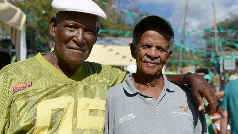 Maurice Gibbons and Joe Sweeney, both of whom have Irish ancestory, Salem, Montserrat. Photograph: Frank Miller