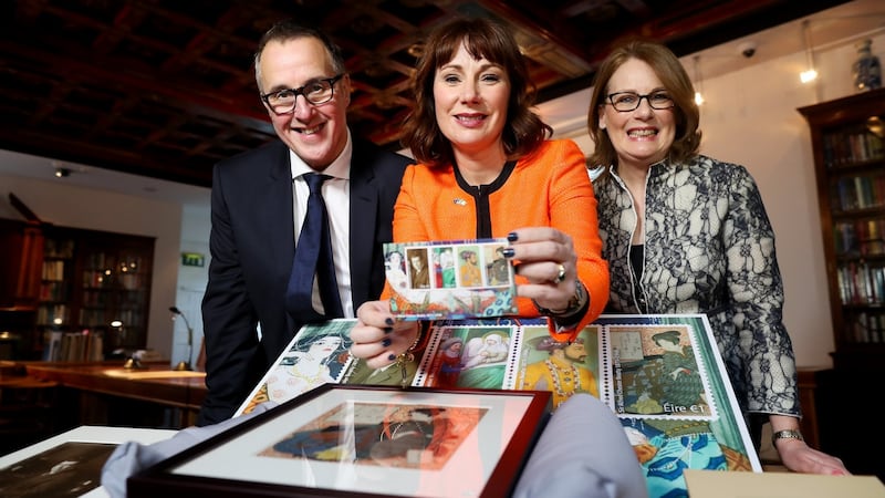 Pictured with the commemorative stamps are (left to right) David McRedmond, group CEO of An Post; Minister for Arts Josepha Madigan; and Fionnuala Croke, director of the Chester Beatty Library. Photograph: Maxwell