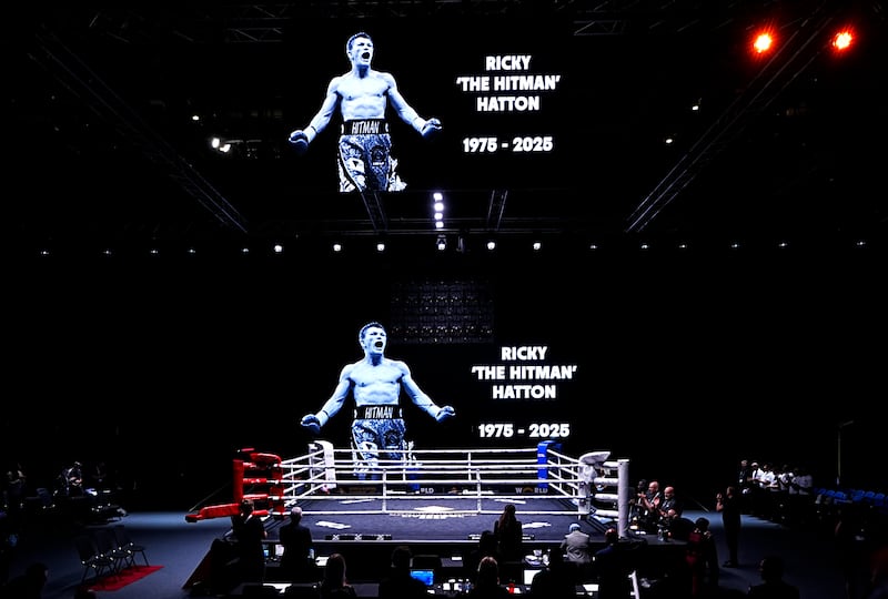 A tribute to the late Ricky Hatton at the 2025 World Boxing Championships in Liverpool on September 14th. Photograph: Peter Byrne/PA Wire