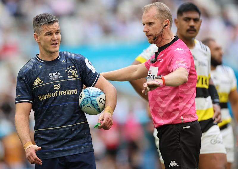 Leinster’s Johnny Sexton talks to referee Wayne Barnes during the 2022 Champions Cup final. Photograph: James Crombie/Inpho