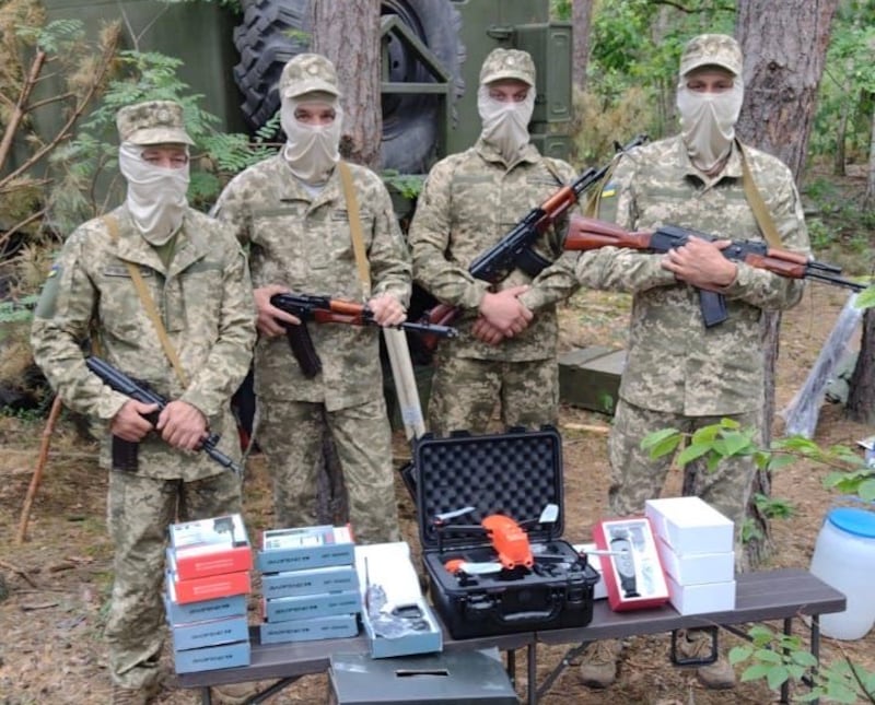 Ukrainian troops with equipment bought with donations to the Serhiy Prytula Foundation, one of the country's many crowdfunding projects. The guns were not provided as part of the project. Photograph: Courtesy of Serhiy Prytula Foundation