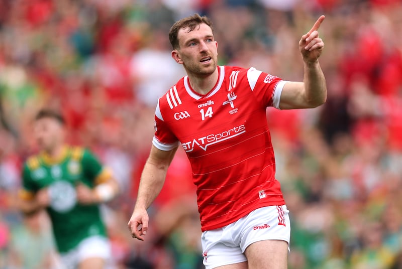 Louth’s Sam Mulroy celebrates scoring a penalty. Photograph: James Crombie/Inpho