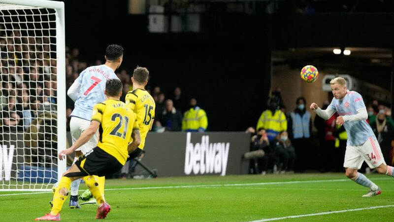 Manchester United’s Donny van der Beek pulls one back against Watford. Photograph: Frank Augstein/AP