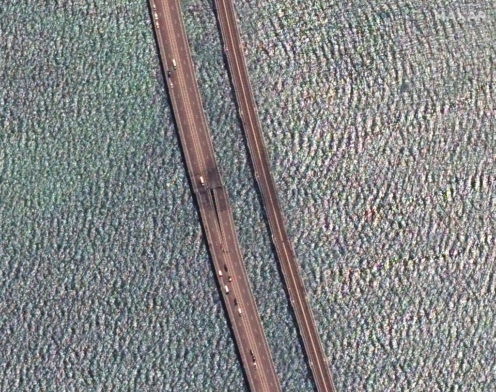 A satellite image showing a damaged portion of the Kerch Strait bridge between Crimea and Russia on July 17th, 2023. Satellite image: Maxar Technologies via The New York Times