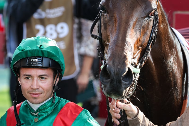 Mickael Barzalona and Daryz after victory in th Qatar Prix de l'Arc de Triomphe in Paris. Photograph: Mehdi Fedouach/AFP via Getty Images