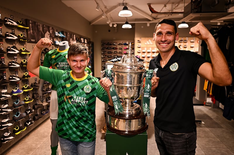 Kerry FC supporter Michael Kuras alongside goalkeeper Antonio Tuta ahead of the men’s FAI Cup third round clash between Kerry and Bohemians at Mounthawk Park. Photograph: Sportsfile