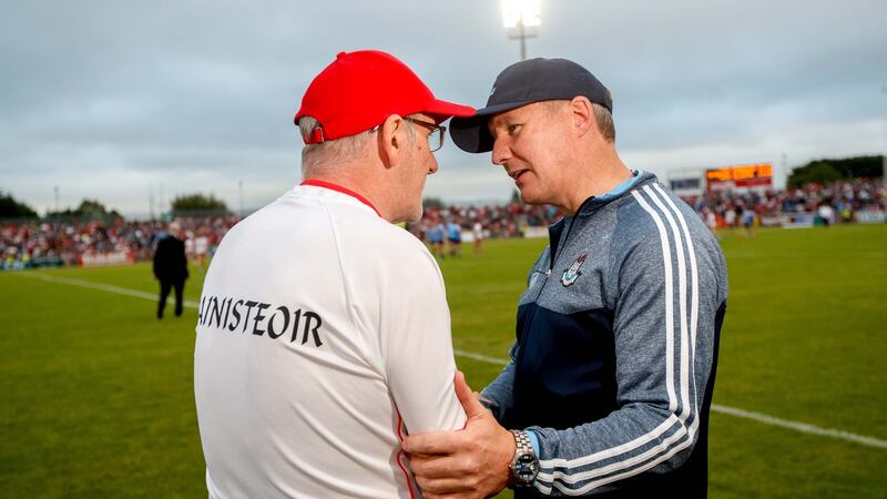 Tyrone’s manager Mickey Harte and Dublin manager Jim Gavin  after the game. Photograph: James Crombie/Inpho