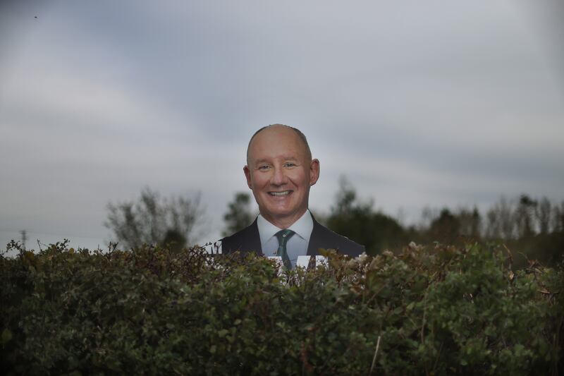 A repurposed presidential election campaign poster for Fianna Fáil candidate Jim Gavin spotted in a hedge in west county Dublin. Despite withdrawing from the race, his name remains on the ballot paper. Photo: Bryan O’Brien/The Irish Times