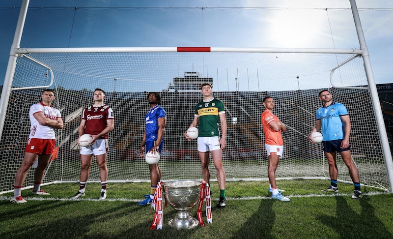 Mícheál Martin (Cork), Cillian McDaid (Galway), Ikem Ugwueru (Clare), David Clifford (Kerry), Jemar Hall (Armagh) and Niall Scully (Dublin) at the launch of the GAA All-Ireland senior football championship at SuperValu Páirc Uí Chaoimh. Photograph: Dan Sheridan/Inpho