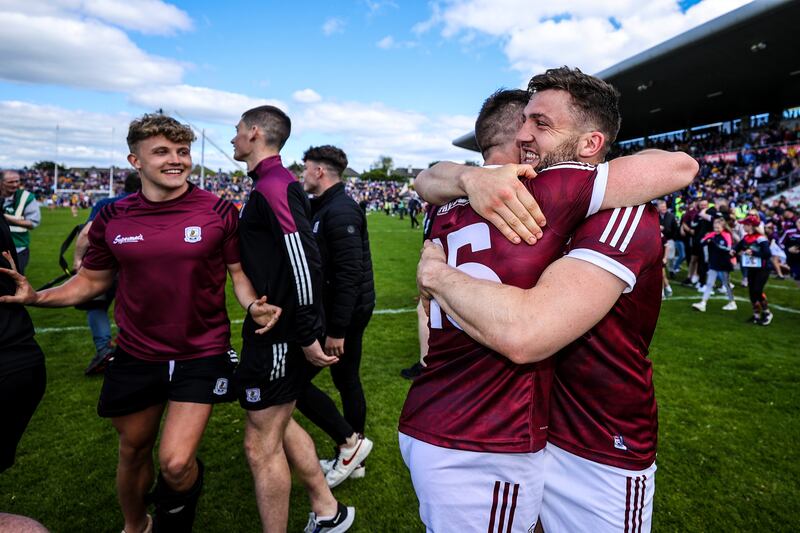 Galway's Shane Walsh and Damien Comer celebrate after winning the Connacht title. Photograph: Ben Brady/Inpho