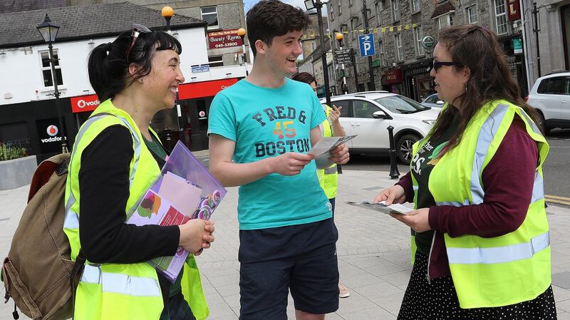 Maria Guelbenzu and Danielle Roberts of Alliance for Choice, Belfast speak to Adam Kelly about a Yes vote in Cavan town. Photograph: Lorraine Teevan