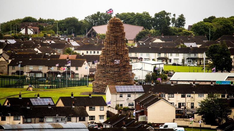 Craigyhill  bonfire is prepared in Larne, Co Antrim ahead of the Twelfth. Photograph:   Liam McBurney/PA Wire