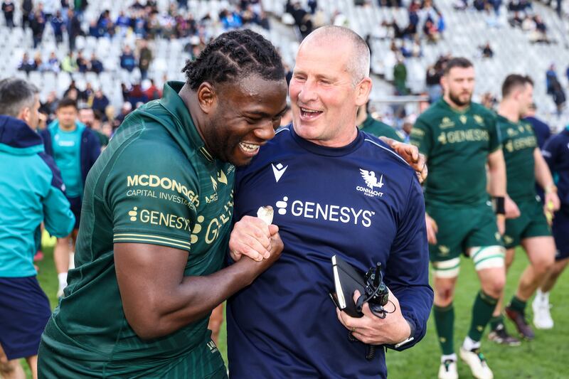 Sam Illo and head coach Stuart Lancaster after Connacht's URC win over the Stormers in Cape Town in April. Photograph: EJ Langer/Inpho
