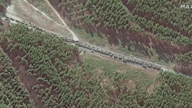 A satellite image shows the northern end of a massive Russian convoy at the southeast of Ivankiv, northwest of Kyiv, Ukraine, on Monday. Satellite photograph: Maxar Technologies/AP
