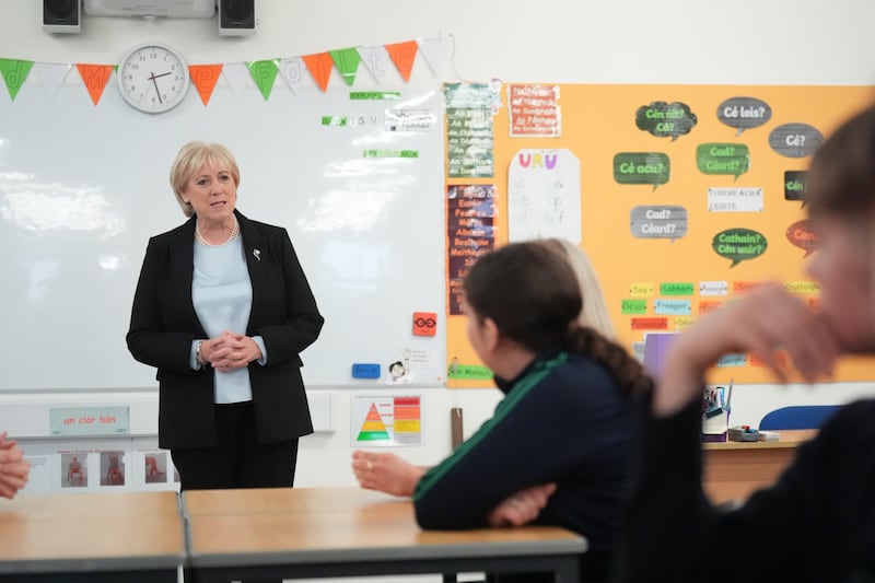 Humphreys speaks to students in a classroom at St Aidan's. Photograph: Niall Carson/PA Wire