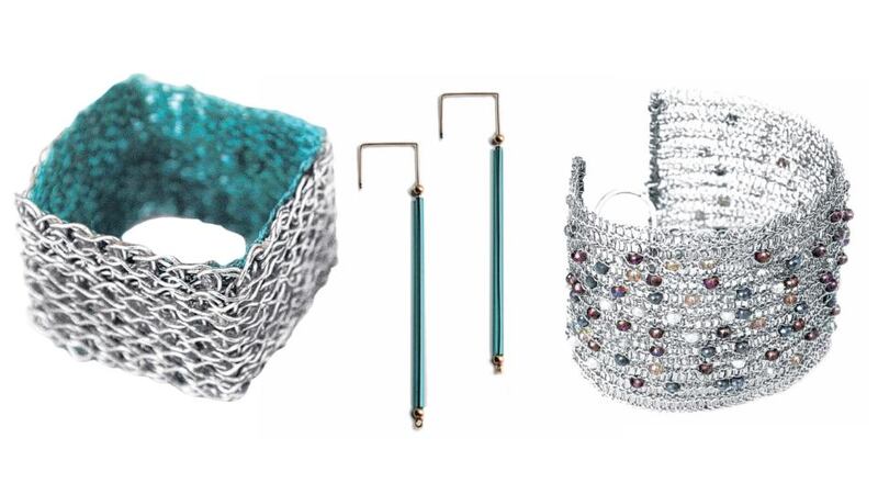 JUNO JAMES: from left, hand crocheted square ring, €40; 14-carat gold-filled wire with vintage beads, €35; and hand- crocheted cuff with glass beads, €65