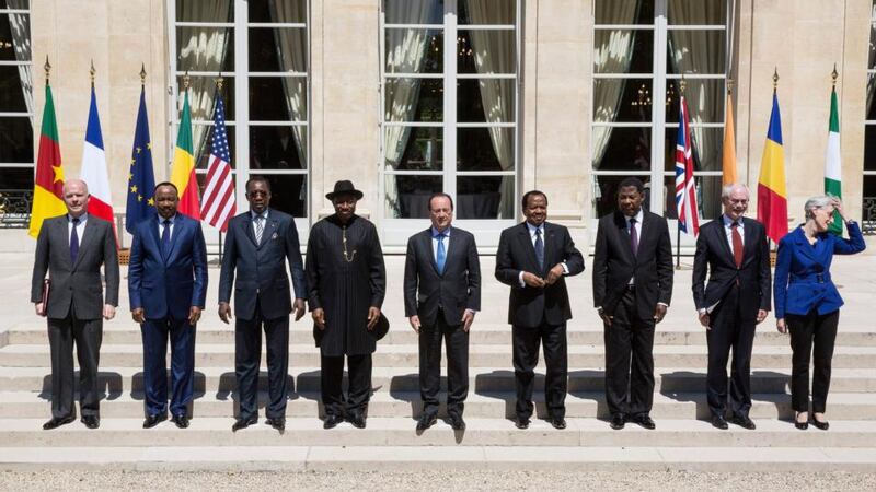 Politicians are pictured during a summit in Paris on extremist group Boko Haram: (l to r)  British foreign minister William Hague, Niger president Mahamadou Issoufou, Chadian president Idriss Deby Itno, Nigerian president Jonathan Goodluck, French president Francois Holland, Cameroon president Paul Biya, Benin president Thomas Boni Yayi, European Council president Herman Van Rompuy, and Junior US state secretary in charge of foreign affairs Wendy Sherman. Photograph: Etienne Laurent/EPA.