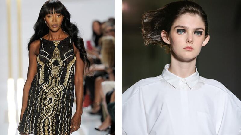 Naomi Campbell (left) walks the runway at the Diane von Furstenberg show and Laura O’Grady  at the MM6 Maison Martin Margiela fashion show. Photographs: Getty
