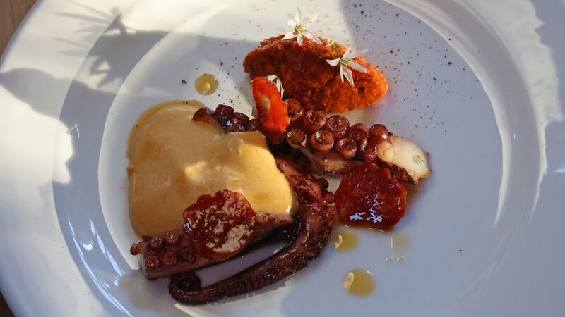 Starter detail of  charred octopus and  warm Gubeen chorizo, romesco sauce. Photograph: Nick Bradshaw
