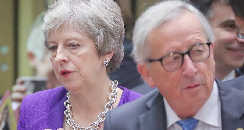 British prime minister Theresa May and European Commission president Jean-Claude Juncker at the start of the European Council summit in Brussels. Photograph: EPA/Olivier Hoslet