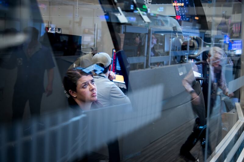 Traders work on the floor of the American Stock Exchange (AMEX) at the New York Stock Exchange (NYSE) in New York, US, on Thursday, April 10, 2025. Risk appetites vanished on Wall Street after the biggest burst of buying in years, with stocks falling even after subdued inflation data extended a bounce in Treasuries. Photographer: Michael Nagle/Bloomberg