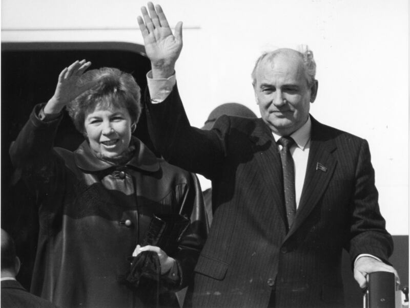 President Mikhail Gorbachev and his wife Raisa after meeting then taoiseach Charles Haughey at Shannon Airport in 1989: He took Raisa with him everywhere and consulted her on everything. Voluble, expansive and charming, he lectured people on the need for reform. Photograph: Matt Kavanagh 