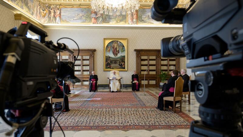 Pope Francis is filmed in the Vatican for a live broadcast of his weekly general audience, as part of precautionary measures against the spread of Covid-19. Photograph: Handout/Vatican media/AFP via Getty Images